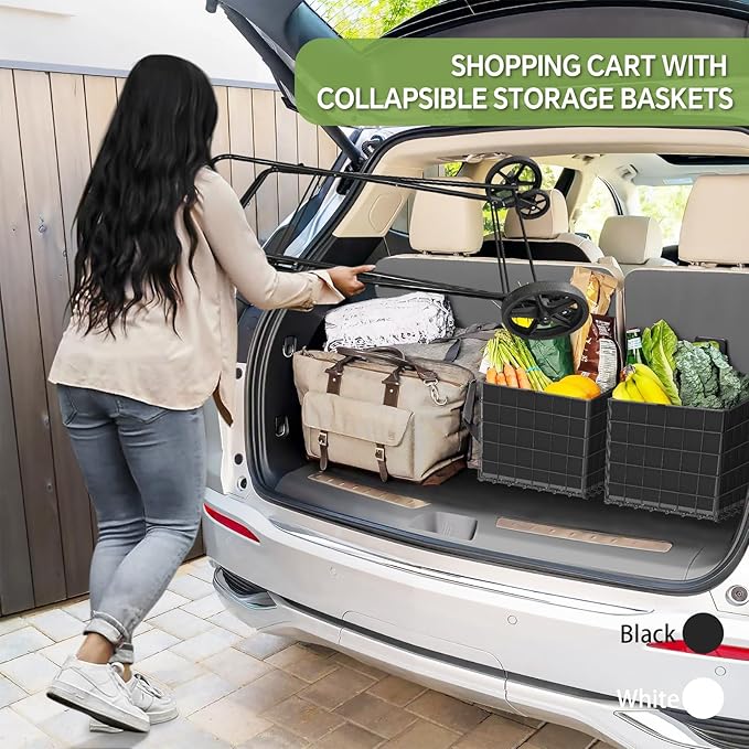 JIALIJIU 2-Tier Shopping Cart for Groceries, Folding Grocery Cart with 360° Rolling Wheels, Heavy Duty Utility Carts with 2 Waterproof Liners, Multi-Functional Trolley for Laundry, Household, White
