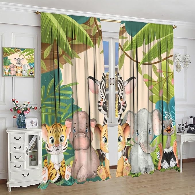 Animals Curtains Colorful Forest Cartoon Cute Zebra Tiger Elephant for Kids Boys Girls Nursery Bedroom Living Room Blackout Rod Pocket Decoration Window Drapes 2 Panels W21xL54in