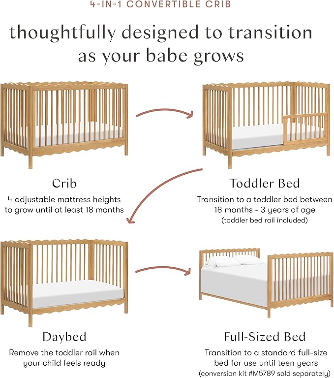 babyletto Swell 4-in-1 Convertible Crib with Toddler Bed Conversion Kit in Honey, Greenguard Gold Certified, Made of 100% Solid Wood