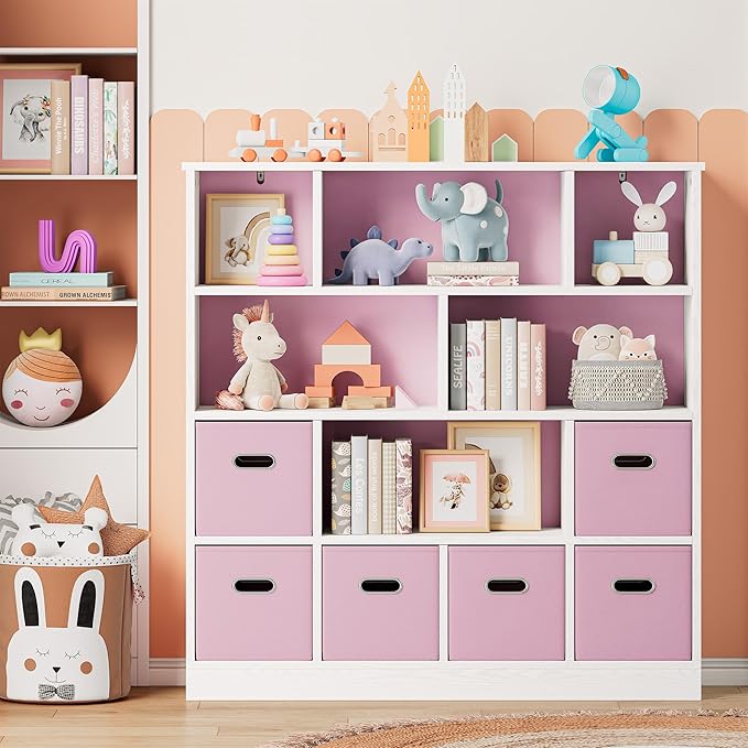 IRONCK Toy Storage Organizer with 6 Bins, Wooden 4-Tier Floor Standing Open Bookshelf Storage Cubby, 12-Cube Storage Shelf Bookcase, Kids Bookshelf and Toy Storage, Pink