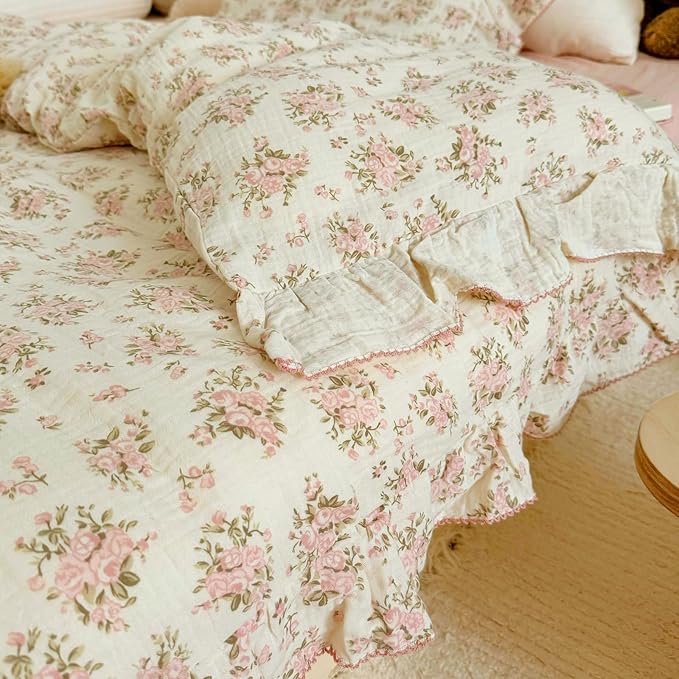 BuLuTu Girls Toddler Kids Duvet Cover Pink Floral Chic Duvet Covers with Ruffles Muslin Cotton Soft Comforter Cover, 47"x59", Soft Lightweight, Machine Wash, No Pillowcases/Comforter