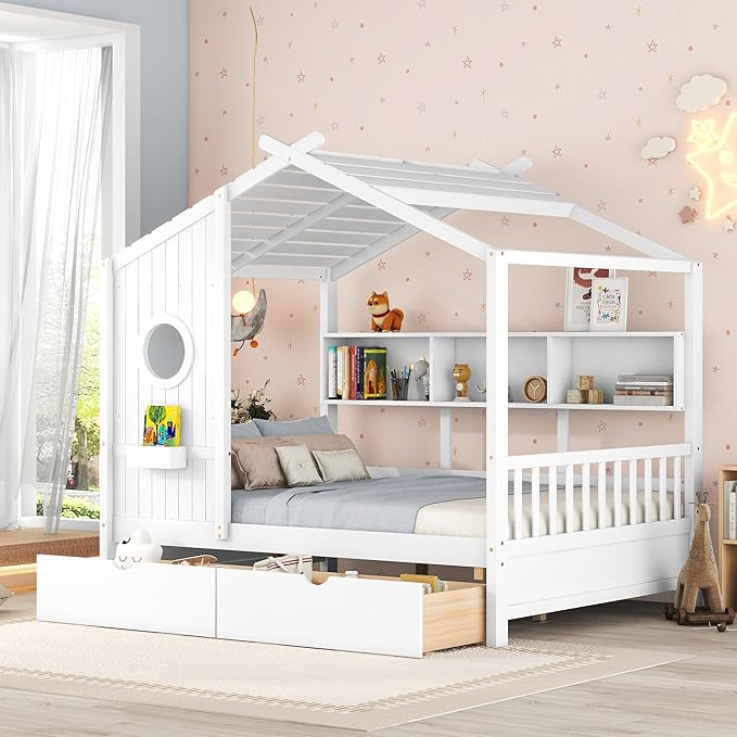 Full Size House Bed with 2 Drawers and Storage Shelf, Playhouse Design Solid Wood Kids Platform Bed Frame for Girls Boys, Decorable Daybed with Sturdy Slats Support, Space-Saving (AF-White)