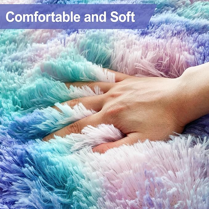 Tie-Dyed Purple Blue Rainbow Kids Rug for Bedroom, 3x5 Fluffy Fuzzy Area Rugs for Girls Room Dorm, Indoor Shaggy Living Room Carpet, Cute Soft Shag Playing Mat for Baby Nursery Playroom