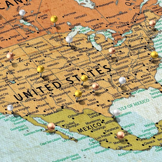 ElephantStock - Personalized Wanderer Push Pin World Map Wall Art - Horizontal Canvas Wall Art - Living Room Wall Decor - Digital Art Map Canvas Art - Orange And Blue Decor - 24" x 16"