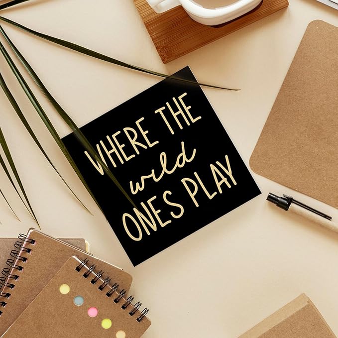 Where The Wild Ones Play Black Yellow Wood Box Sign Desk Decor 5X5, Nursery Kids Room Wooden Block Sign Decorations for Playroom Toddler Room Wall Tabletop Shelf Decor