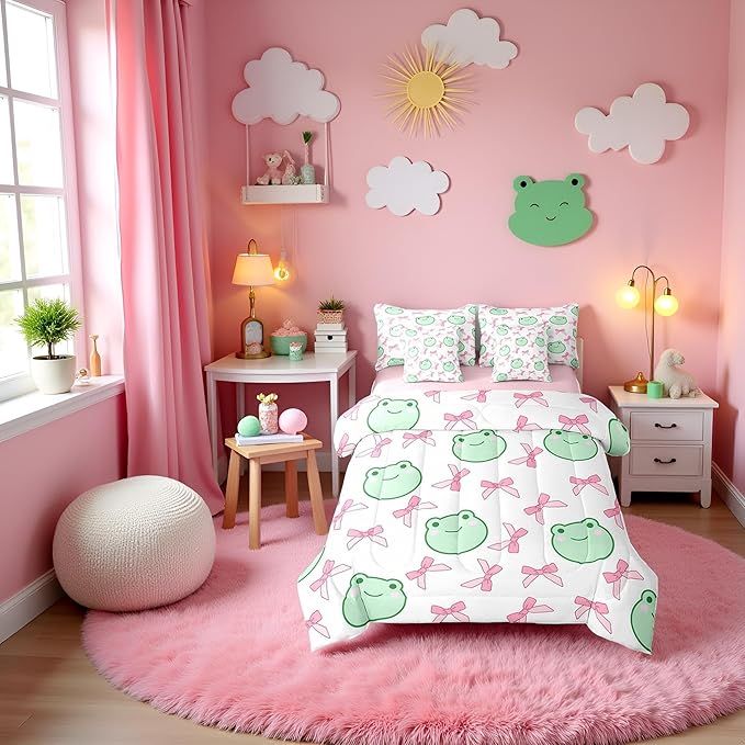 7 Pieces Pink Bowknot Comforter Set Queen,Cartoon Frog Bow Tie Butterfly Knot Princess Bedding Set,Geometric Patchwork Cute Sweet（Comforter+Fitted+Flat Sheet+2 Pillowcases+2 Throw Pillow Covers）