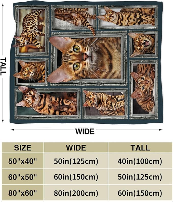 Bengal Cat Gifts and Decor - Cute Throw Blanket for Girls, Women, Kids, Adults - Soft Warm Cozy Fleece for Couch, Sofa, Bed - 60"x50"