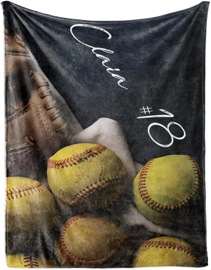 Personalized Baby Softball Bed Blanket: Custom Name and Number Sport Blankets for Toddler Boys Girls Adults Birthday Mothers Fathers Easter (50x60inch)