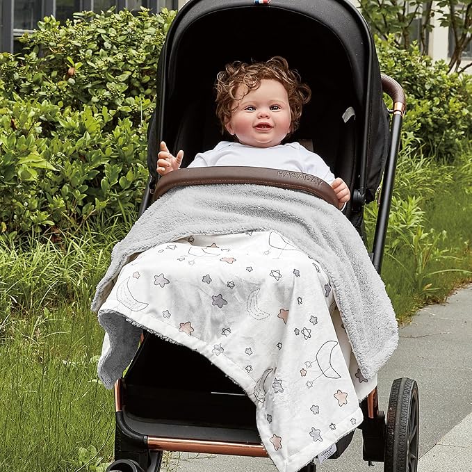 CREVENT 2Pcs 30''X40'' Cute Cozy Fluffy Warm Baby Blankets for Infants Toddlers' Bedding Crib Cot Stroller - Grey Cloud + Minky Night