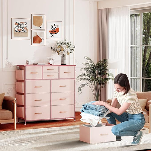 10 Drawer Dresser, Chest of Drawers for Bedroom, Fabric Dresser Drawers with Side Pockets, Hooks, Wooden Top and Sturdy Metal Frame for Living Room, Closet, Hallway (Pink)