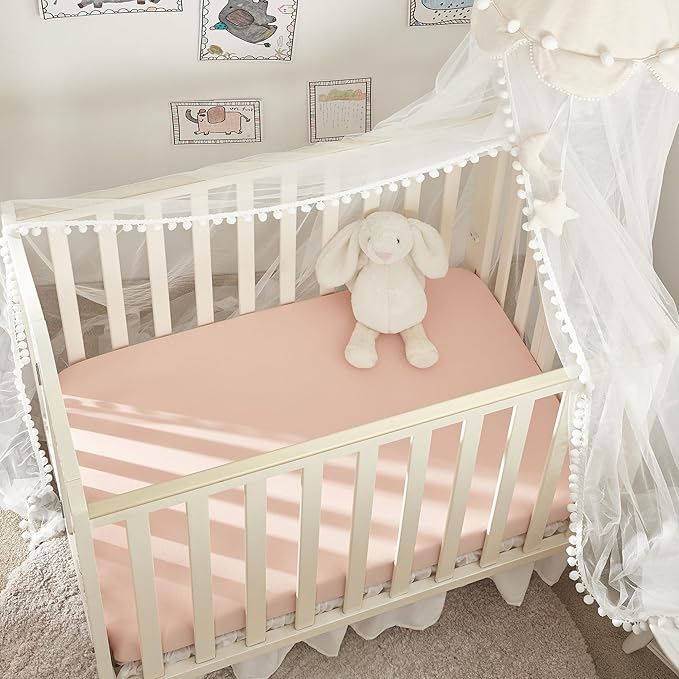 TILLYOU Mini Crib Fitted Sheets - Soft Knit Sheet for Pack N Play, Microfiber Mini Crib Sheets, Playpen Bedding Sheet for Baby 2 Pack, Machine Washable, White & Peachy Pink