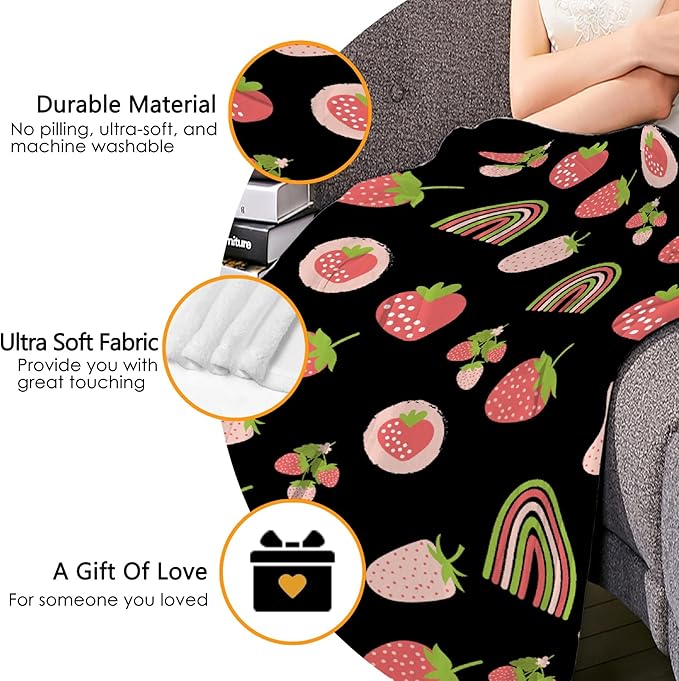 Thuswarm Cute Pink Strawberry Rainbow Flannel Throw Blanket Warm Cozy Soft Funny Print Blankets for Bed Couch Sofa Room Decoration Gifts 80"×60" Large for Adult