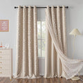 MYSKY HOME Beige Curtains for Bedroom 90 Inches Long Living Room Curtain with Beige Pom Pom Sheer for Dining Room Grommet Double Layer Nursery Curtain Toddler Room Darkening Window Drapes 52 Wide
