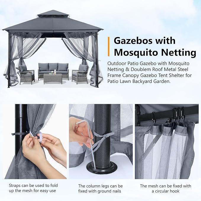 ABCCANOPY Outdoor Patio Gazebo 11x13 - Double Roof Canopy with Mosquito Netting for Backyard, Deck, Garden, Lawn, Dark Gray