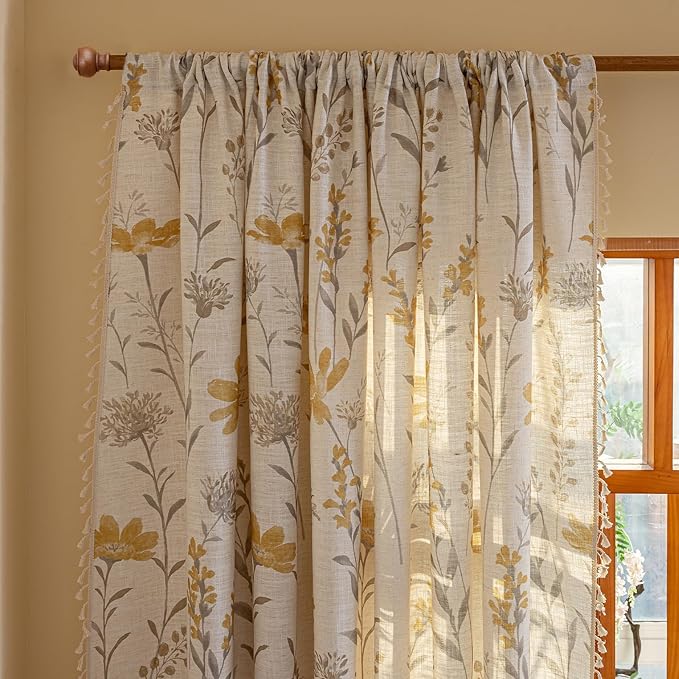 ENJOYBRIDAL Yellow Floral 96 Inch Curtains 2 Panel Set Living Room Long Drapes Bedroom Boho Farmhouse Semi Sheer Window Curtain Panels Rod Pocket Cute Tassel Dining Room Window Treatments