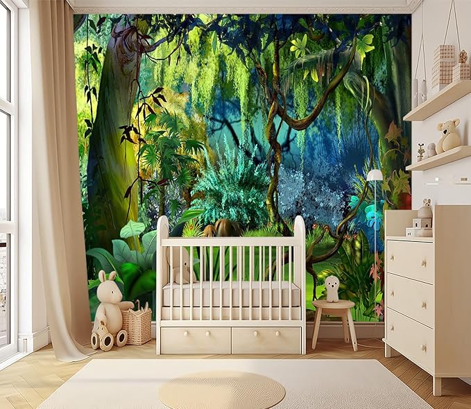 XMPMBM-Cartoon Plant Dreamy Forest Fabric Wallpaper Botanical Woodland Nursery Room Wall Mural-W 154" X H 105"（112 Square Foot）