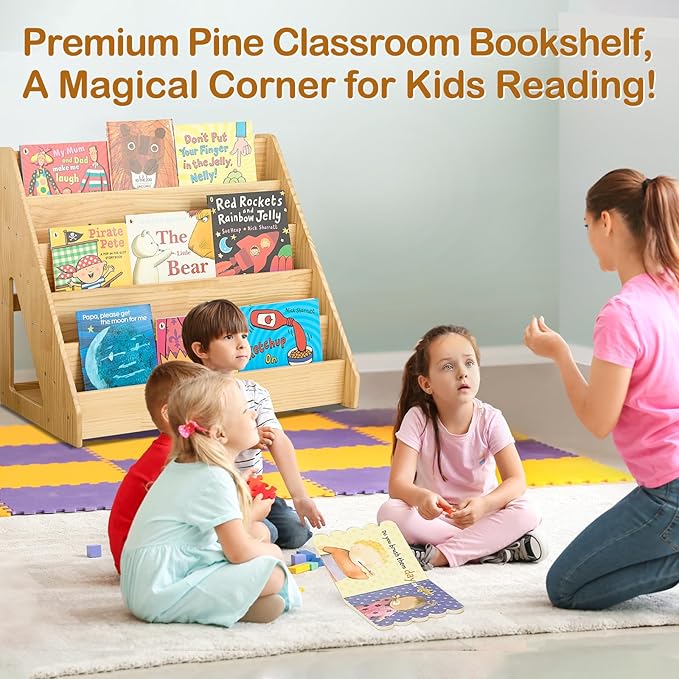 FUNLIO Solid Wood Montessori Classroom Bookshelf, 5 Tier Front-Facing Book Shelf for Kids, Toddler Bookshelf with Handle and Back Storage Space, Bookcase for Nursery/Playroom