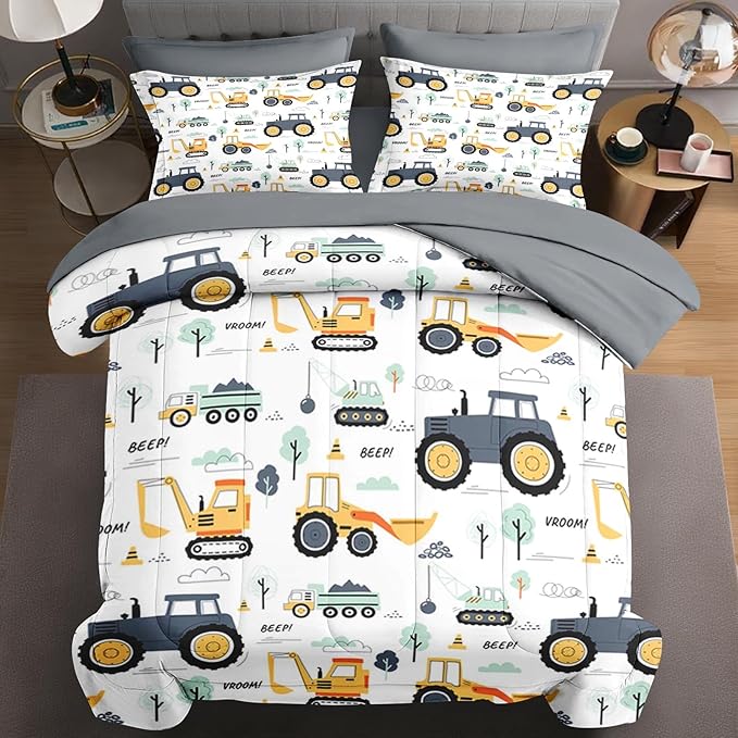 7 Pcs Queen Size Comforter Set with 2 Pillowcases & 2 Shams, Tractor Bedding for Kids and Adults, Construction Truck Bedding Set with Flat Fitted Sheet