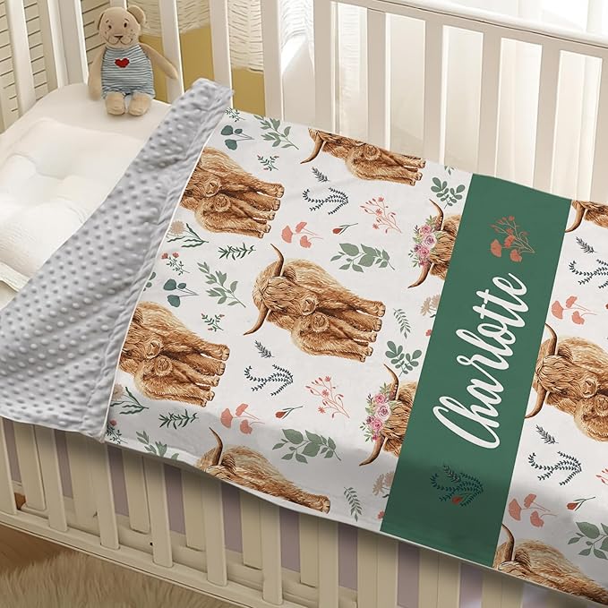 Personalized Baby Name Blanket for Boy Girl, Soft Flannel Blanket with Double Layer Dotted Backing for Infant Newborn, Nursery Crib with Floral Highland Cow Design, Gifts for New Mom(47" x60)
