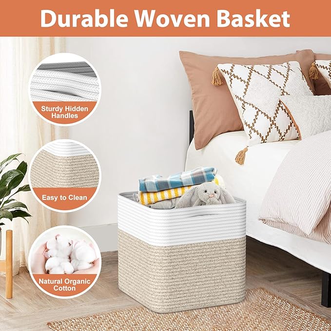 Storage Cotton Cubes 11 Inch, Woven Cotton Rope Storage Baskets for Toys Blanket Organizing, Storage Bins Decorative Organizer with Handles for Living Room Laundry Room Closet (3 Pack, Oatmeal Brown)