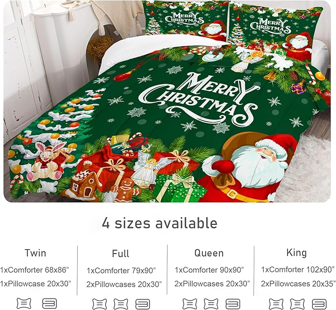 Comforter Set Green Christmas: King Size Merry Xmas Santa Claus Bedding Sets Christmas Tree Snowflakes Quilts for Adults Women Men New Year Decor Bed Set 1 Comforter & 2 Pillowcases