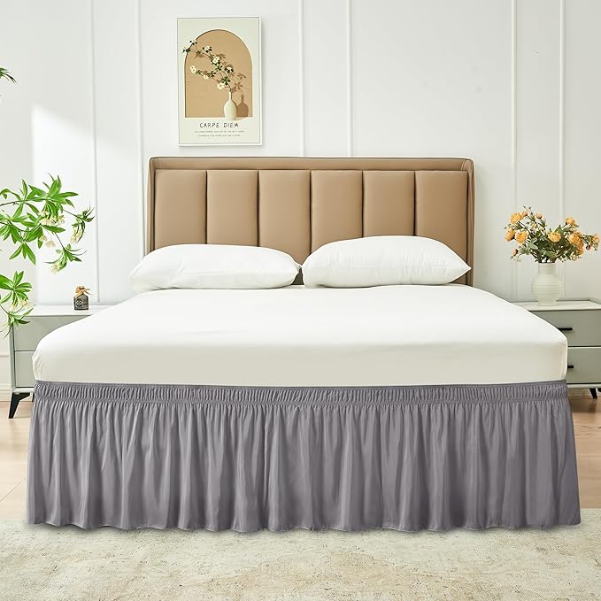Biscaynebay Wrap Around Bed Skirts for Twin & Twin XL Beds 22" Long Drop, Silver Grey Adjustable Elastic Dust Ruffles Easy Fit Wrinkle Resistant Silky Luxurious Fabric Machine Washable