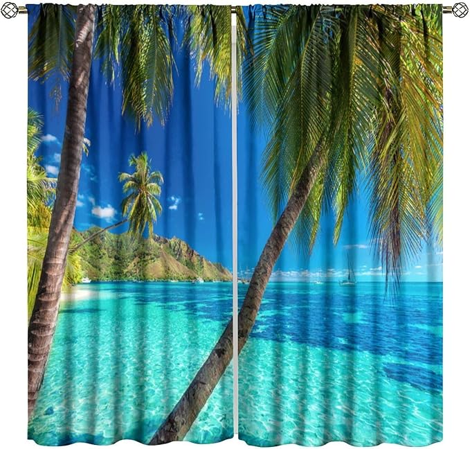 Ocean Beach Curtains,Sunshine and Beach Hawaiian Seaside Scene Pattern Blackout Print Home Bedroom Living Room Window Treatments 2 Panel Set 72x63 Inch