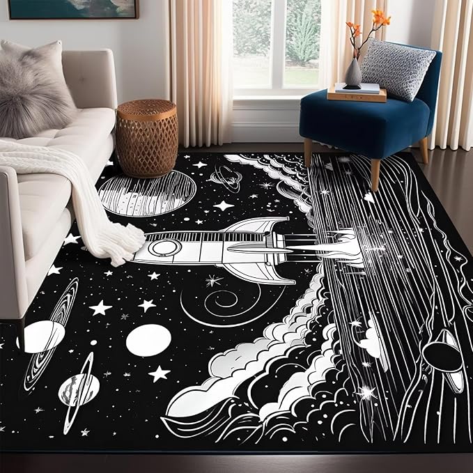 Space Rug for Kids Room Black and White Rocket Rugs Stars Carpet Galaxy Planet Printed Throw Rugs for Boys Children Bedroom Living Room,39 in x 79 in