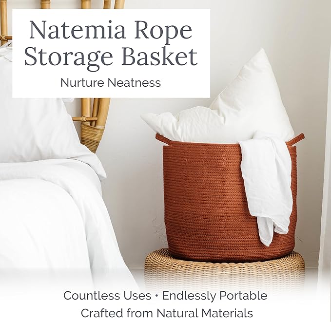 Natemia Large Woven Storage Basket (15" x 15" x 14") - Baby and Toy Organizer, Blanket Basket, Perfect Baby Registry Gift