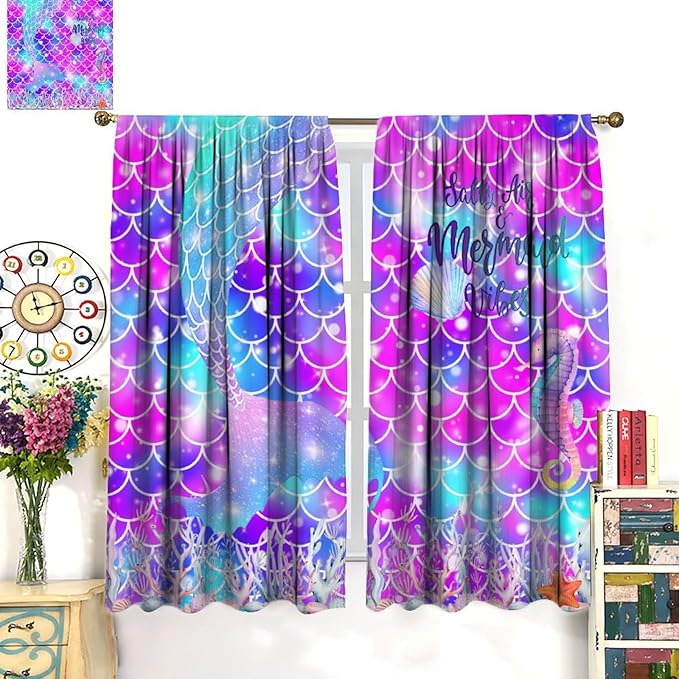 Dream Mermaid Curtains for Kids Boys Girls Ocean Theme Colorful Rainbow Fish Tail Blackout Window Treatment for Bedroom Nursery Room Decor Window Drapes 63" W X 72" L