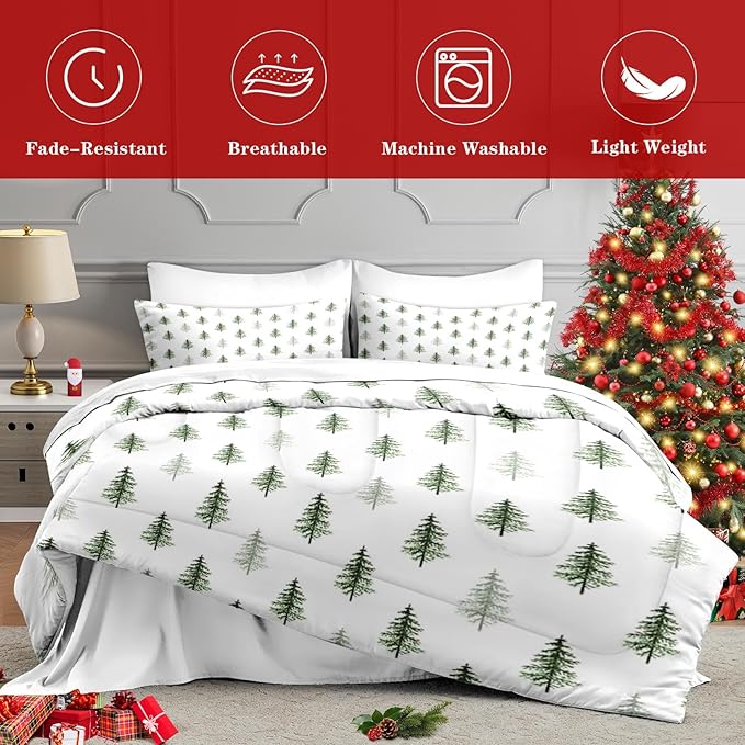 7 Pcs Queen Size Christmas Comforter Set with 2 Pillowcases & 2 Shams, Nature Simple Pine Tree Bedding for Kids and Adults, Winter Merry Xmas Bed in a Bag with Flat Fitted Sheet
