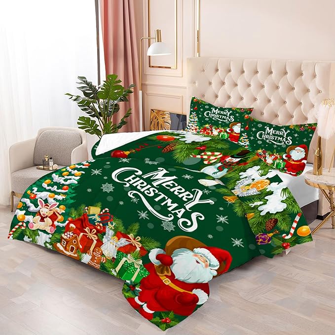 Green Christmas Comforter Queen: Merry Xmas Santa Claus Bedding Set Queen Size for Teens Adults Kids Pine Tree Gifts Gingerbread Quilt Bed Set 1 Comforter & 2 Pillowcases
