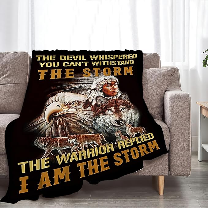 jerkboo Native American Blanket Throws Indian Blanket Wolf Eagle Throw Blanket for Men Women Kids Adults Soft Warm Cozy Fleece Blanket for Couch Sofa Bed 60""x50""