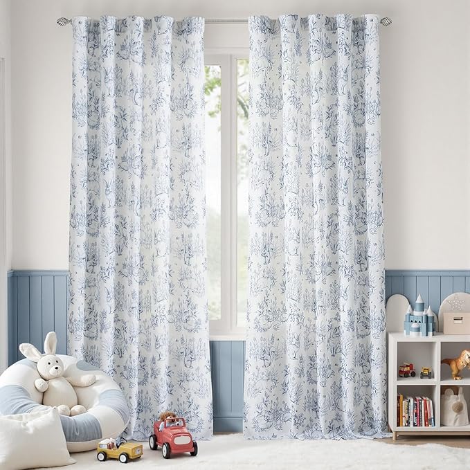 jinchan Linen Nursery Curtains 96 inch Long Woodland Wildlife Blue Print Drapes for Kid's Room Light Filtering French Country Farmhouse Curtains with Bunny and Forest Design Set of 2 Panels