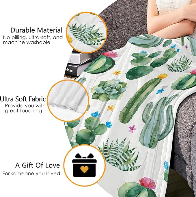 Thuswarm Cactus Flower Succulent Flannel Blanket for Autumn Winter Gifts Warm Cozy Soft Funny Print Throw for Bed Couch Sofa 60”×50” Medium for Teen