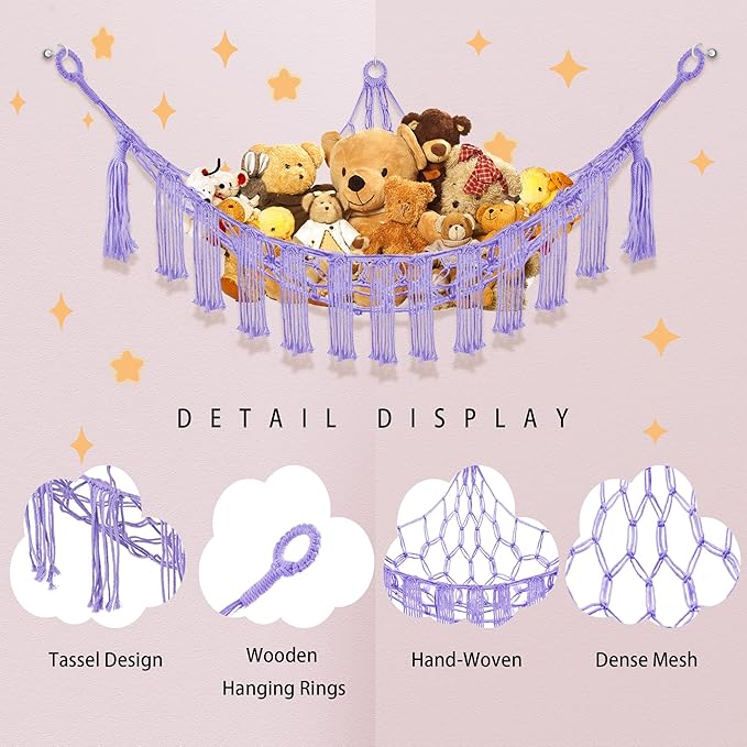 Stuffed Animal Hammock with LED Light, Large Stuffed Animals Storage Corner Plushie Net for Kids Room Decor, Purple