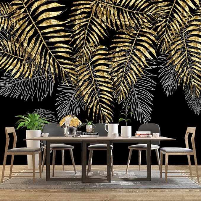 Black and Gold Leaf Mural Bedroom Tropical Botanical Wallpaper Room Plant Decor Living Room tv Background Large Wall Mural - 160"x108" (Not Peel and Stick)