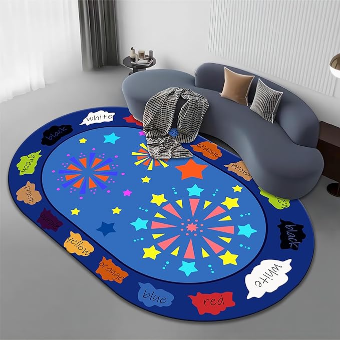 Kids Educational Rug, 6x8ft, Children's Area Rugs for Learning Colors and Shapes, Stars Firework Pattern Oval Rug for Classroom, Soft Non-Slip Blue Floor Mat for Boys Girls Bedroom Decor
