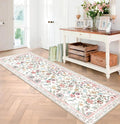 Floral Washable Runner Rug, 2.6x8 Pink Rug Runners for Hallways Non-Slip, Soft Low Pile Flower Birds Long Bathroom Mat Botanical Throw Carpet for Kitchen Laundry Entryway Porch