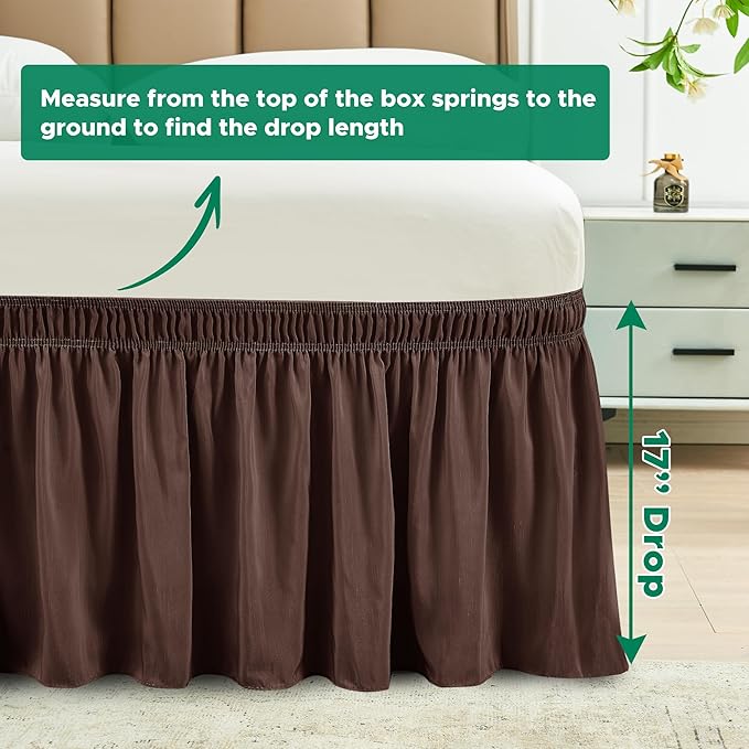 Biscaynebay Wrap Around Bed Skirts for King & Cal King Beds 17" Long Drop, Brown Adjustable Elastic Dust Ruffles Easy Fit Wrinkle & Fade Resistant Silky Luxurious Fabric Solid Machine Washable
