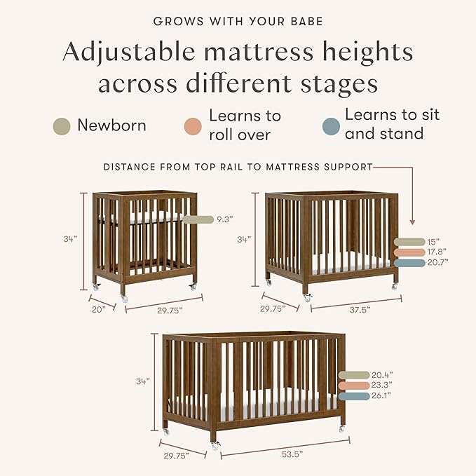 babyletto Rolli Convertible All-Stages® Bassinet and Full-Size Crib in Natural Walnut, Greenguard Gold Certified, FSC Certified, Portable & Adjustable with Conversion Kits and Pads Included