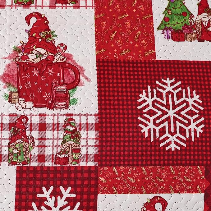 Gnome Christmas Quilt Bedding - King Size, Red Plaid, Holiday Lightweight Reversible Quilt Bedspread