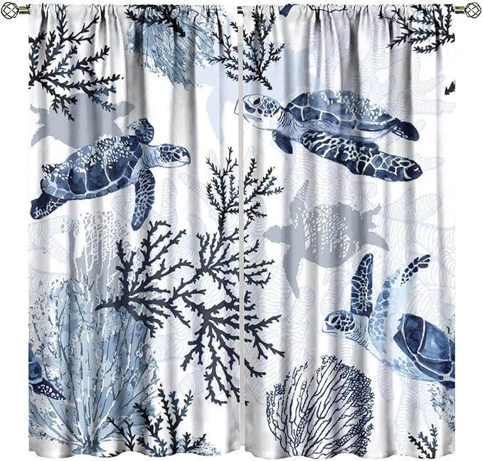 BAEKJIN Coastal Nautical Curtains, Turtle Beach Sea Seashell Theme Pattern Print Decor Home Bedroom Living Room Window Treatmen 2 Panel Set 42x45 Inch