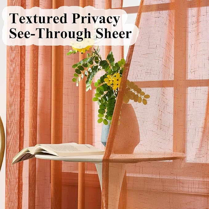 Burnt Orange Curtains Sheer 90 Inches Long, Rustic Linen Look Textured Light Filtering Drapes Decor, Western Boho Transparent Window Treatments, Pinch Pleat Curtain with Hooks