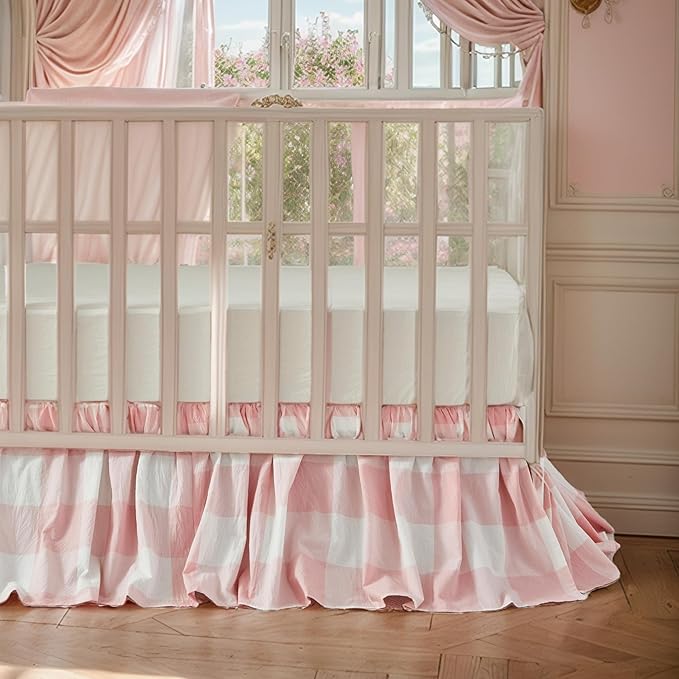 Brandream Gingham Gathered Crib Skirt, Baby Boy, Baby Girl, Gender Neutral Crib Skirt, 100% Cotton, 4-Sided, Light Pink Plaid Gingham Toddler Bedskirt Farmhouse Chic Nursery Crib Bed Skirt Dust Ruffle