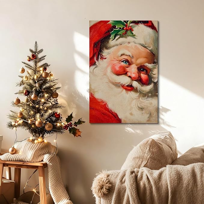 YONICA Christmas Canvas Wall Art Classic Santa 18x24 Inch Traditional Oil Painting Portrait - Large Framed Gallery Wrapped Living Room Art