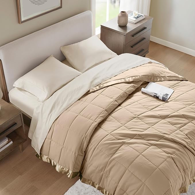 Madison Park Windom Down Alternative Blanket, Premium 3M Scotchgard Moisture Wicking Treatment, Lightweight and Soft Bed Cover For All Season, Satin Trim, Brown King