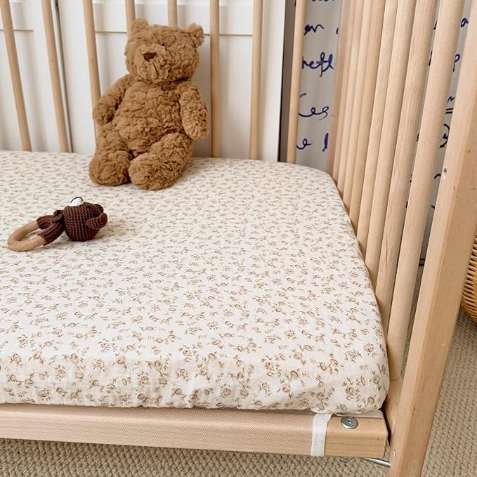 BuLuTu 2 Pack Muslin Fitted Portable/Mini Crib Mattresses Sheets 38"x26", Soft Cotton Pack and Play Mattress Sheets Fitted for Pack N Play, Machine Washable, Beige & Camellia