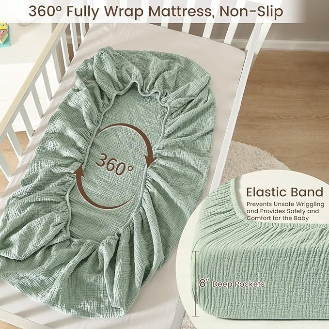david's kids Muslin Crib Sheets for Boys Girls, 2 Pack 100% Cotton Soft Breathable Fitted Baby Neutral Sheet Set, Standard 52"x28" Crib and Toddler Mattress, Oat Milk & Sage Green