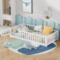 Bellemave Twin Size Floor Bed Frame with Fence and Door for Kids, Montessori Floor Bed with Slats and Safety Guardrails,Solid Wood Twin Bed Frame for Girls Boys,White